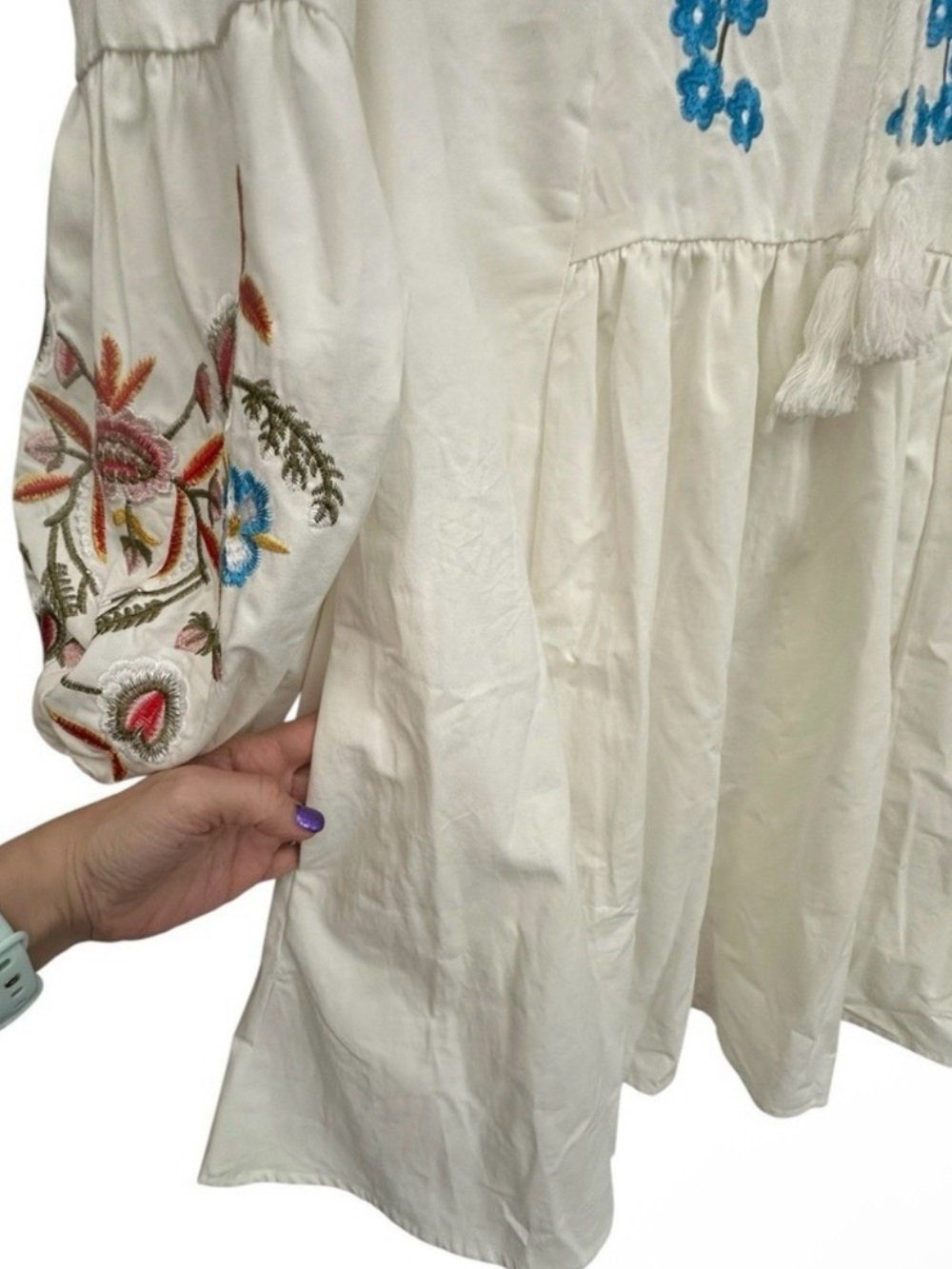 Women’s Embroidered Bohemian White Peasant Floral Blue Floral Tunic Dress/Top(L) - Picture 10 of 15